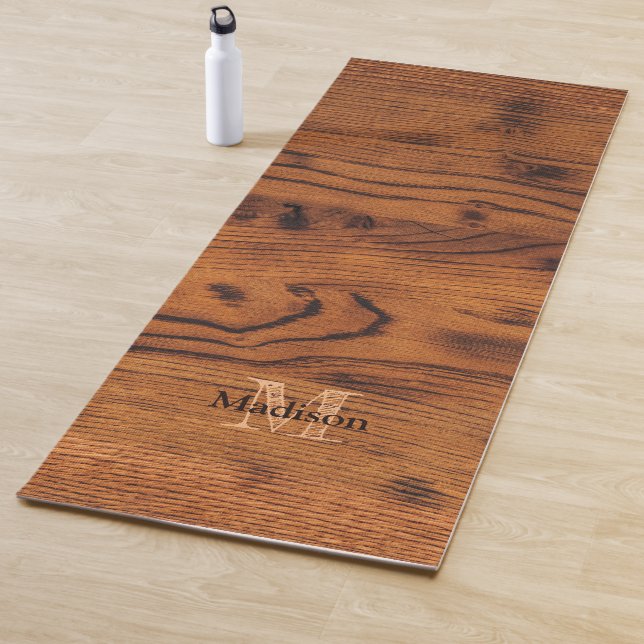 Vintage rustic brown burnt wood Monogram Yoga Mat (In Situ)