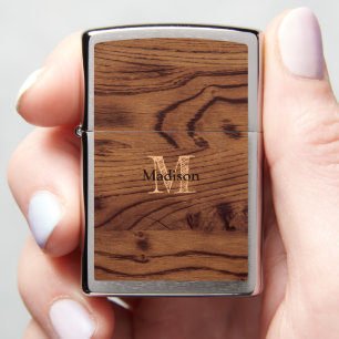 Vintage rustic brown burnt wood Monogram Zippo Lighter