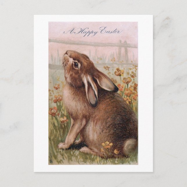 Vintage Rustic Brown Easter Bunny & Wildflowers Postcard (Front)