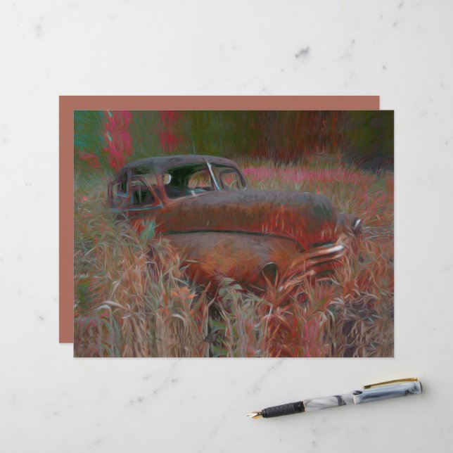 Vintage Rustic Brown Pink Car Old Antique Art (Front/Back In Situ)