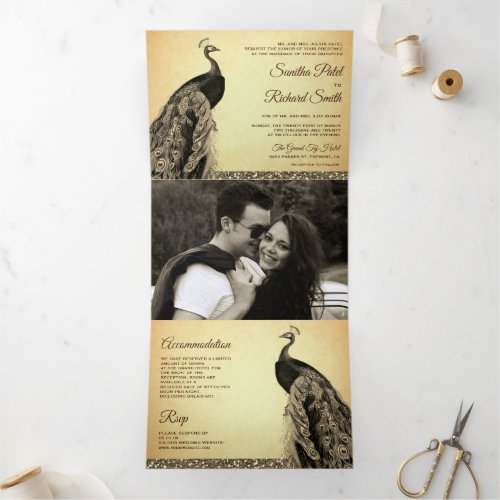 Vintage Rustic Brown Sepia Indian Peacock Wedding Tri_Fold Invitation