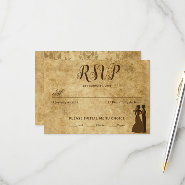 Vintage rustic brown wedding Bride Groom  RSVP Card (Front/Back In Situ)