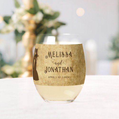 Vintage rustic brown wedding couple stemless wine glass