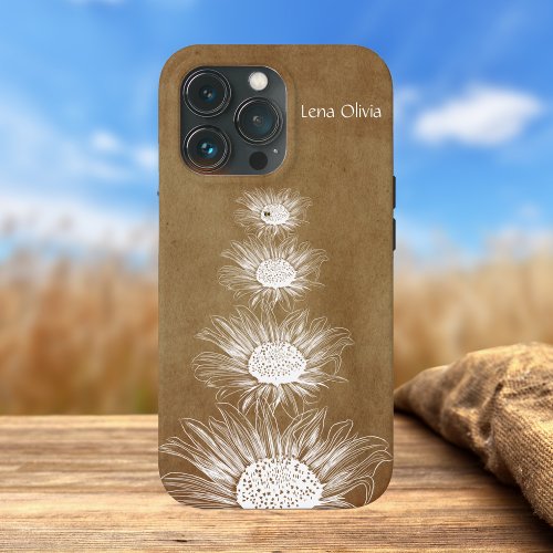 Vintage Rustic Brown White Sunflower Bee  iPhone 13 Pro Case