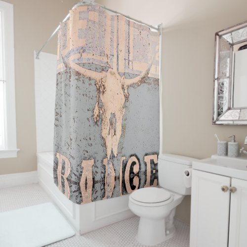 Vintage Rustic Bull Skull Gray Beige Western Shower Curtain