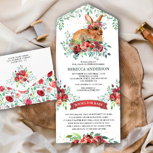 Vintage Rustic Burgundy Floral Bunny Baby Shower All In One Invitation