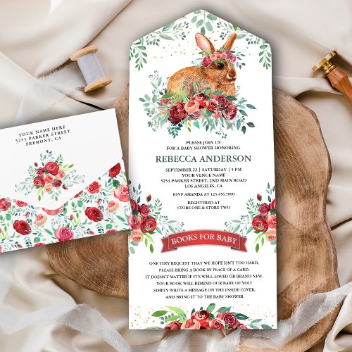 Vintage Rustic Burgundy Floral Bunny Baby Shower All In One Invitation