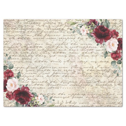 Vintage Rustic Burgundy Rose Old Letter Decoupage  Tissue Paper