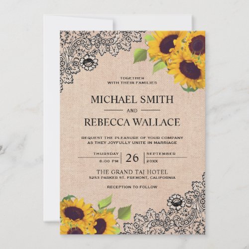 Vintage Rustic Burlap Black Lace Sunflower Wedding Invitation