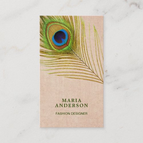 Vintage Rustic Burlap Green Indian Peacock Feather Business Card