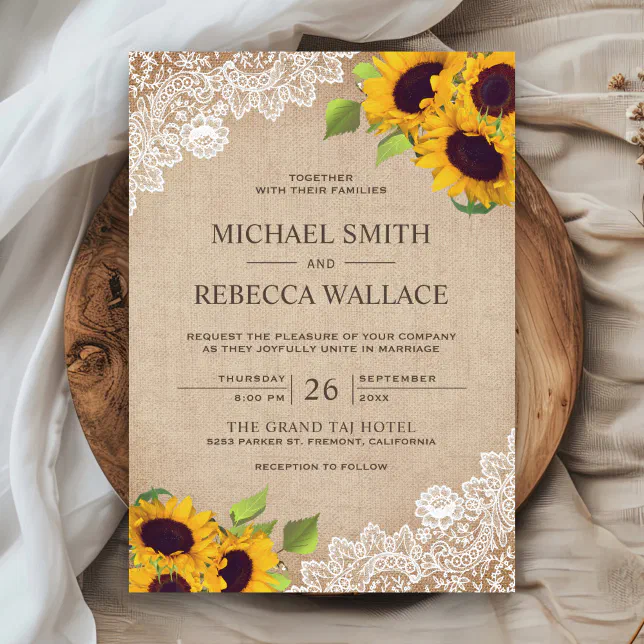 Vintage Rustic Burlap White Lace Sunflower Wedding Invitation | Zazzle