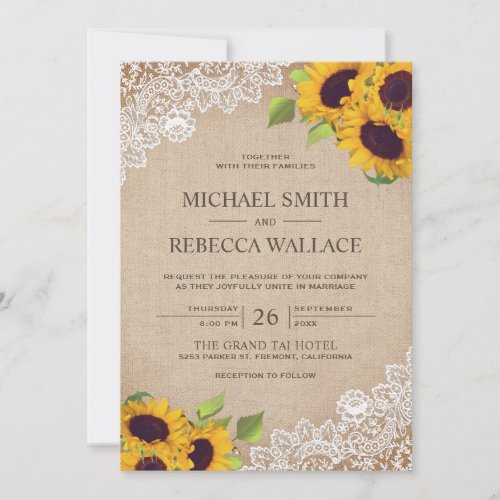 Vintage Rustic Burlap White Lace Sunflower Wedding Invitation