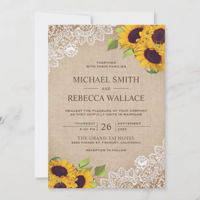 Vintage Rustic Burlap White Lace Sunflower Wedding Invitation | Zazzle