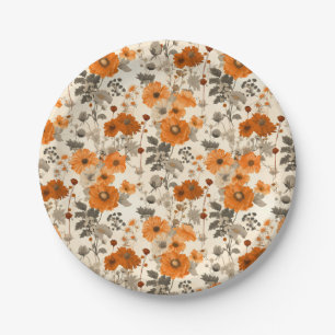 Vintage Rustic Burnt Orange Fall Flowers Pattern Paper Plates