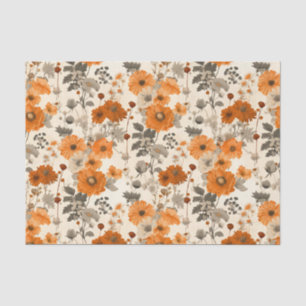 Vintage Rustic Burnt Orange Fall Flowers Pattern Tissue Paper