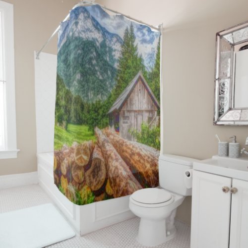 Vintage Rustic Cabin Mountain Scene Shower Curtain