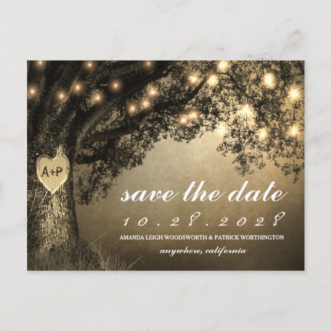 Vintage Rustic Carved Oak Tree Save The Date Cards (Front)