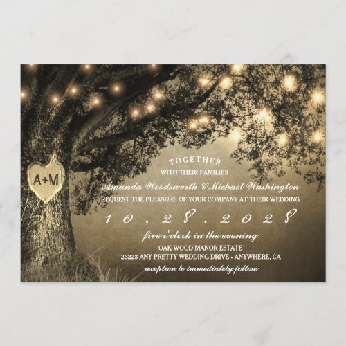 Vintage Rustic Carved Oak Tree Wedding Invitations