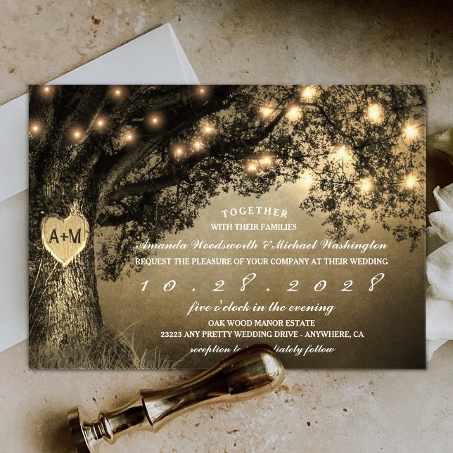 Vintage Rustic Carved Oak Tree Wedding Invitations