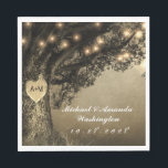 Vintage Rustic Carved Oak Tree Wedding Napkins<br><div class="desc">Features a gorgeous oak tree over a vintage distressed background with string lights. You can "carve" the heart to the initials of your choice. See the entire matching design collection on this page.</div>