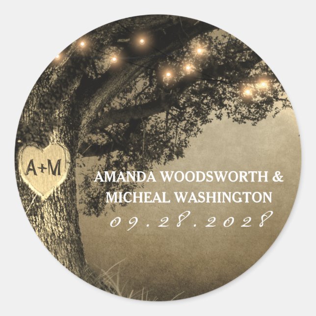 Vintage Rustic Carved Oak Wedding Favor Stickers (Front)