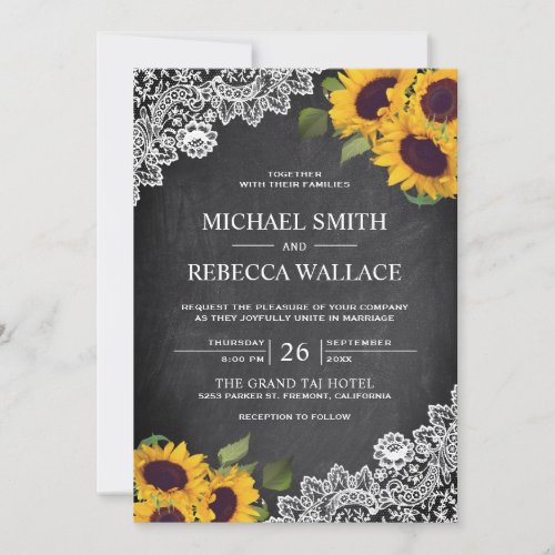 Vintage Rustic Chalkboard Lace Sunflower Wedding Invitation