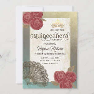 Vintage rustic chic  hand fan roses tiara Quince Invitation