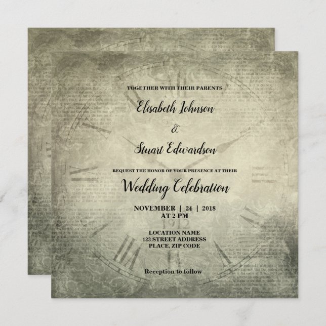Vintage rustic clock script pattern wedding invitation (Front/Back)