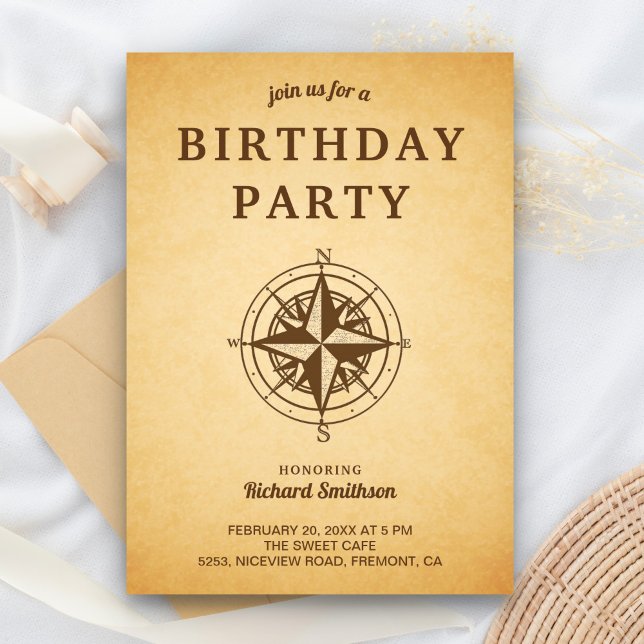 Vintage Rustic Compass Birthday Party Invitation (Creator Uploaded)