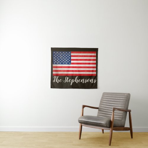 Vintage Rustic Country American Flag Name Tapestry