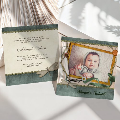 Vintage Rustic Country Baby Boy Photo Aqiqah Invitation