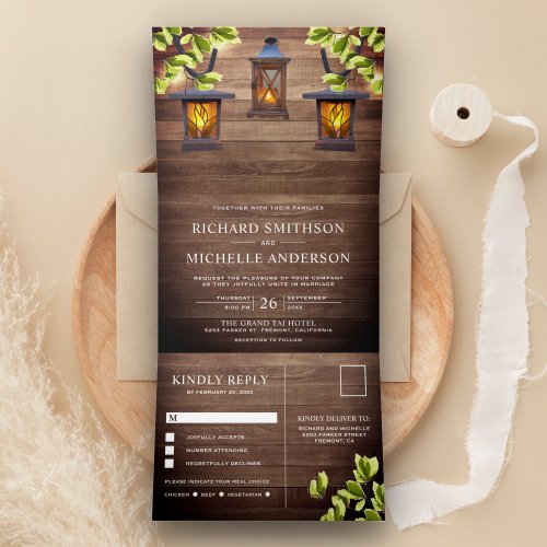 Vintage Rustic Country Barn Wood Lanterns Wedding Tri_Fold Invitation