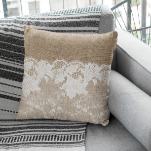 Vintage rustic country beige burlap and white lace throw pillow