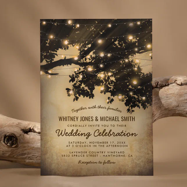 Vintage Rustic Country Tree Lights Wedding Invitation | Zazzle