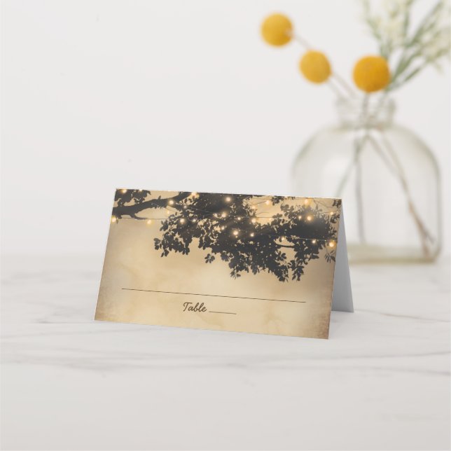 Vintage Rustic Country Tree Lights Wedding Place Card (Front)