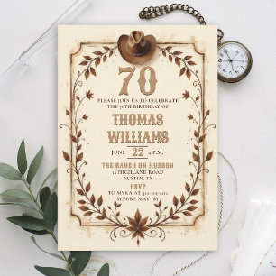 Vintage Rustic Cowboy Western Leaf 70th Birthday Invitation