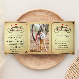 Vintage Rustic Cute Tandem Bicycle Wedding Photo Tri-Fold Invitation