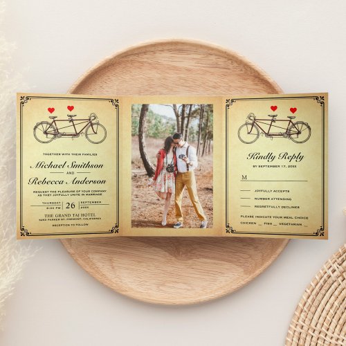 Vintage Rustic Cute Tandem Bicycle Wedding Photo Tri_Fold Invitation