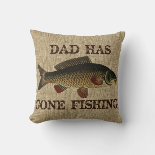 Vintage Rustic Dad Has Gone Fishing Throw Pillow - Vintage Rustic Dad Has Gone Fishing Fish Faux Linen Burlap Throw Pillow