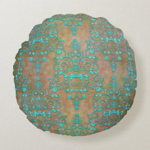 Vintage Rustic Damask Turquoise and Brown Round Pillow