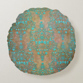 Vintage Rustic Damask Turquoise And Brown Round Pillow by MHDesignStudio at Zazzle