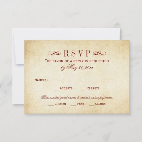 Vintage Rustic Dark Red Flourish Parchment Wedding RSVP Card