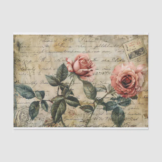 Rustic Roses Paper Vintage Rustic Dusty Pink Roses Postcard Decoupage Tissue Paper | Zazzle