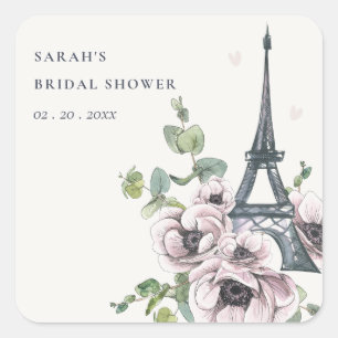 Vintage Rustic Eiffel Tower Floral Bridal Shower Square Sticker