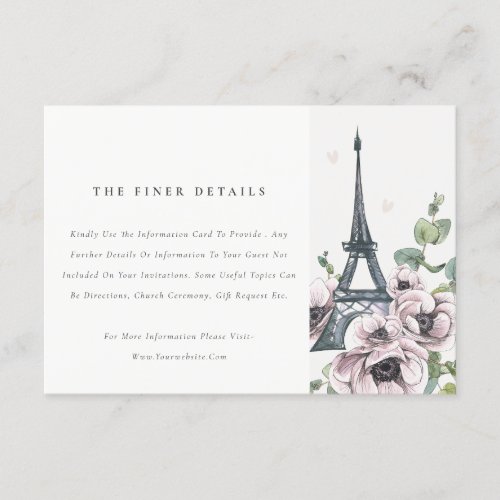 Vintage Rustic Eiffel Tower Floral Wedding Details Enclosure Card