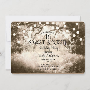 Vintage Rustic Enchanted Forest Lights Sweet 16 Invitation