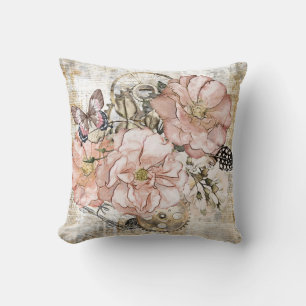 Vintage Rustic Ephemera Pink Floral Throw Pillow
