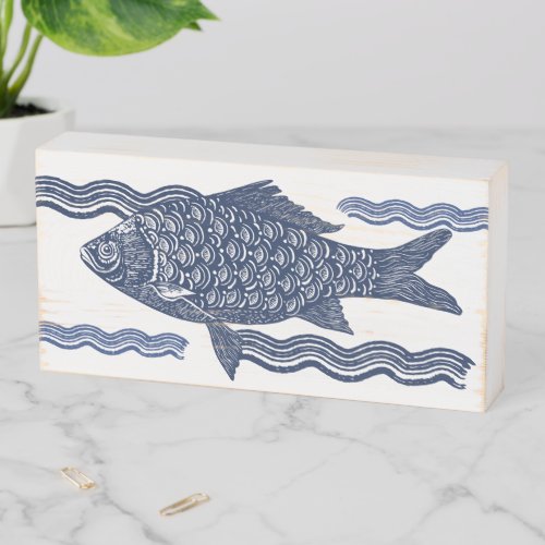 Vintage Rustic Etched Style Fishing  Waves Design Wooden Box Sign