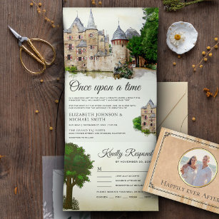 Vintage Rustic Fairytale Castle Story Book Wedding Tri-Fold Invitation