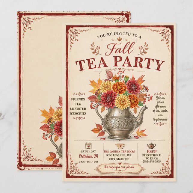 Vintage Rustic Fall Autumn Tea Party Invitation (Front/Back)